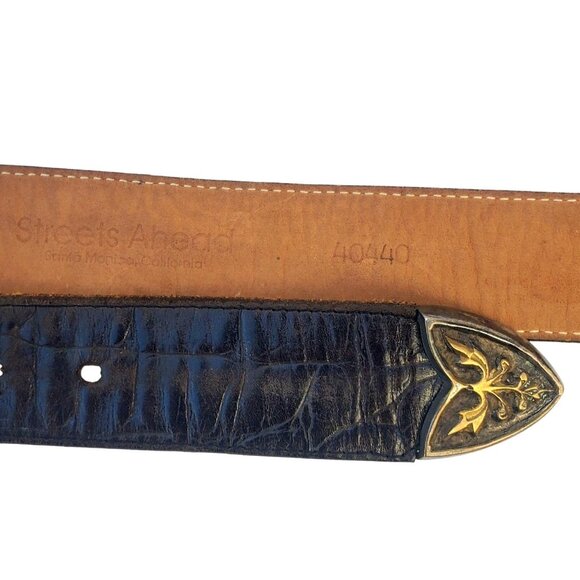 Vintage Western Belt S M Streets Ahead Leather Brass Buckle USA Unisex Chunky - Picture 3 of 14